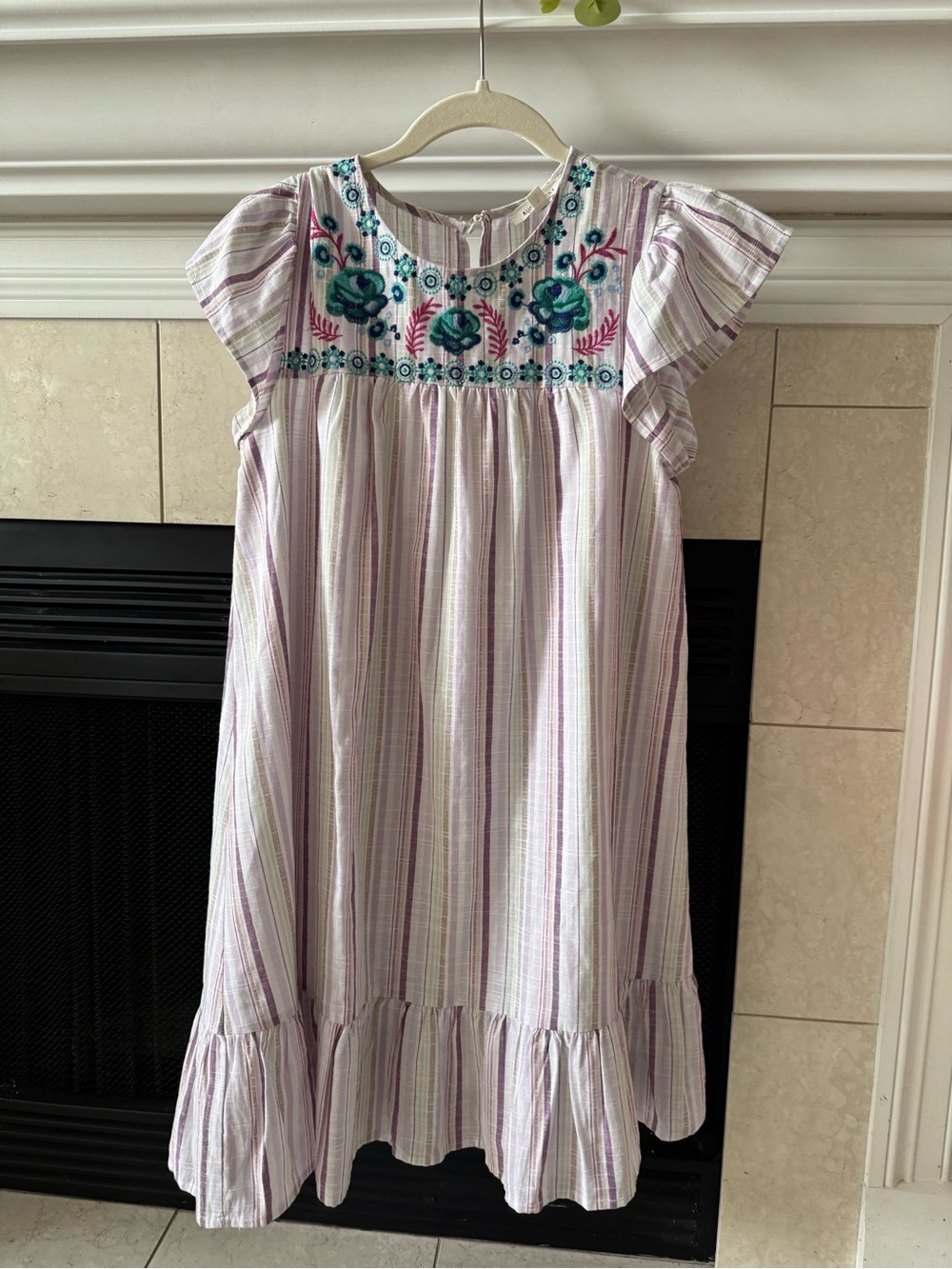 Lavender Striped Embroidered Flutter-Sleeve Dress